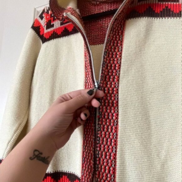 60s-70s Psychedelic Ladybug Knit Hooded Zip Sweater - Picture 3 of 5